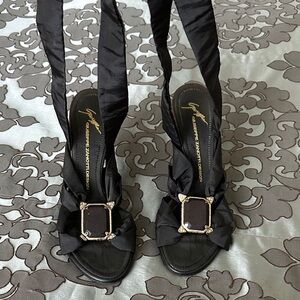 Giuseppe Zanotti Black Satin Heels with Embellished Buckle
